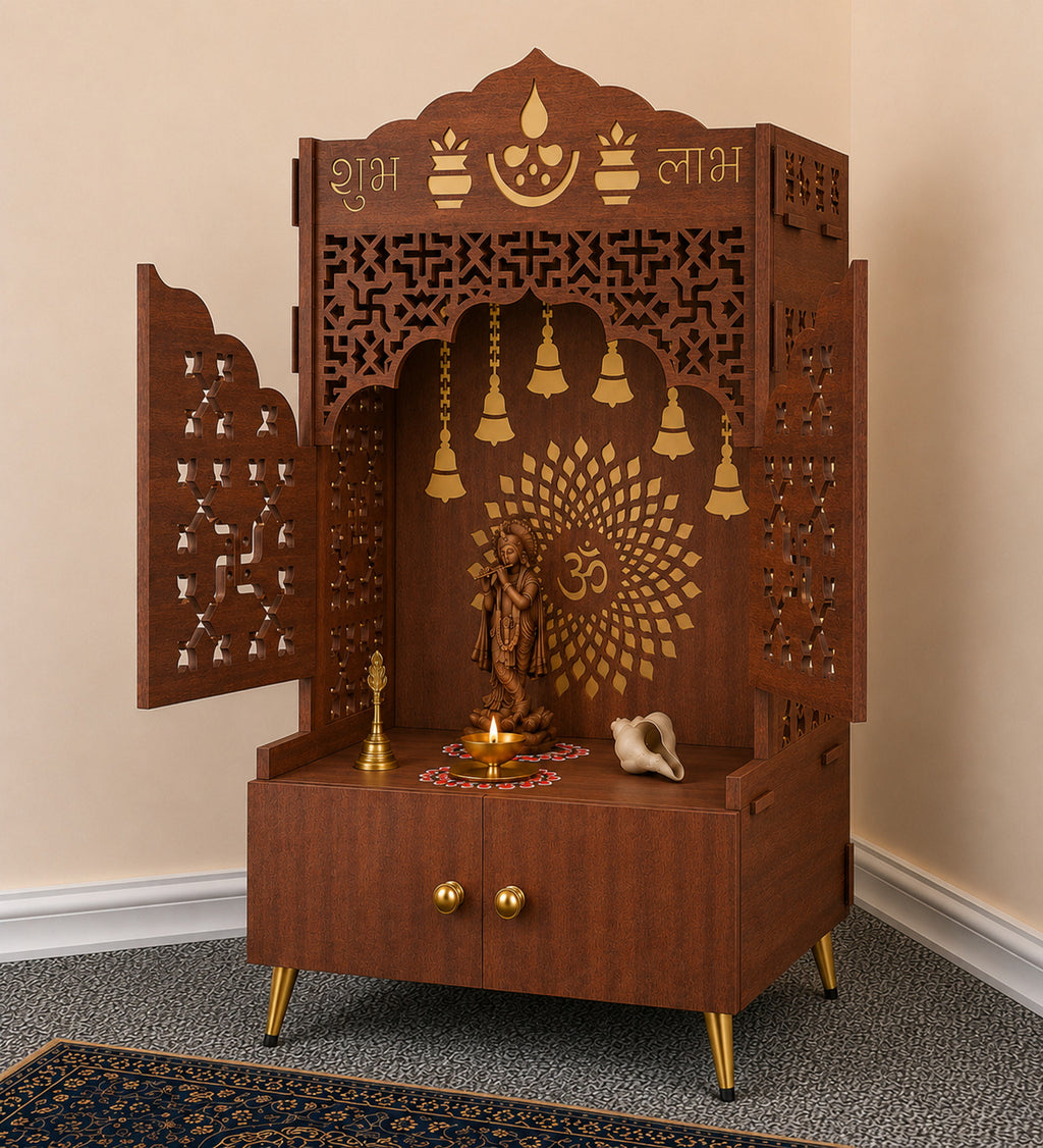 Elegant White Wooden Floor Pooja Mandir with Laser-Cut Doors Shubh Labh Design & Storage Cabinet