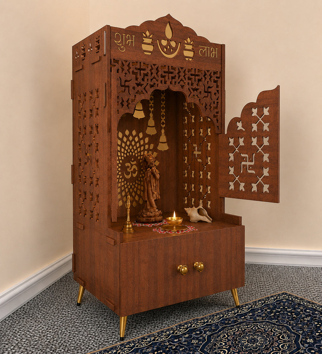 Elegant White Wooden Floor Pooja Mandir with Laser-Cut Doors Shubh Labh Design & Storage Cabinet