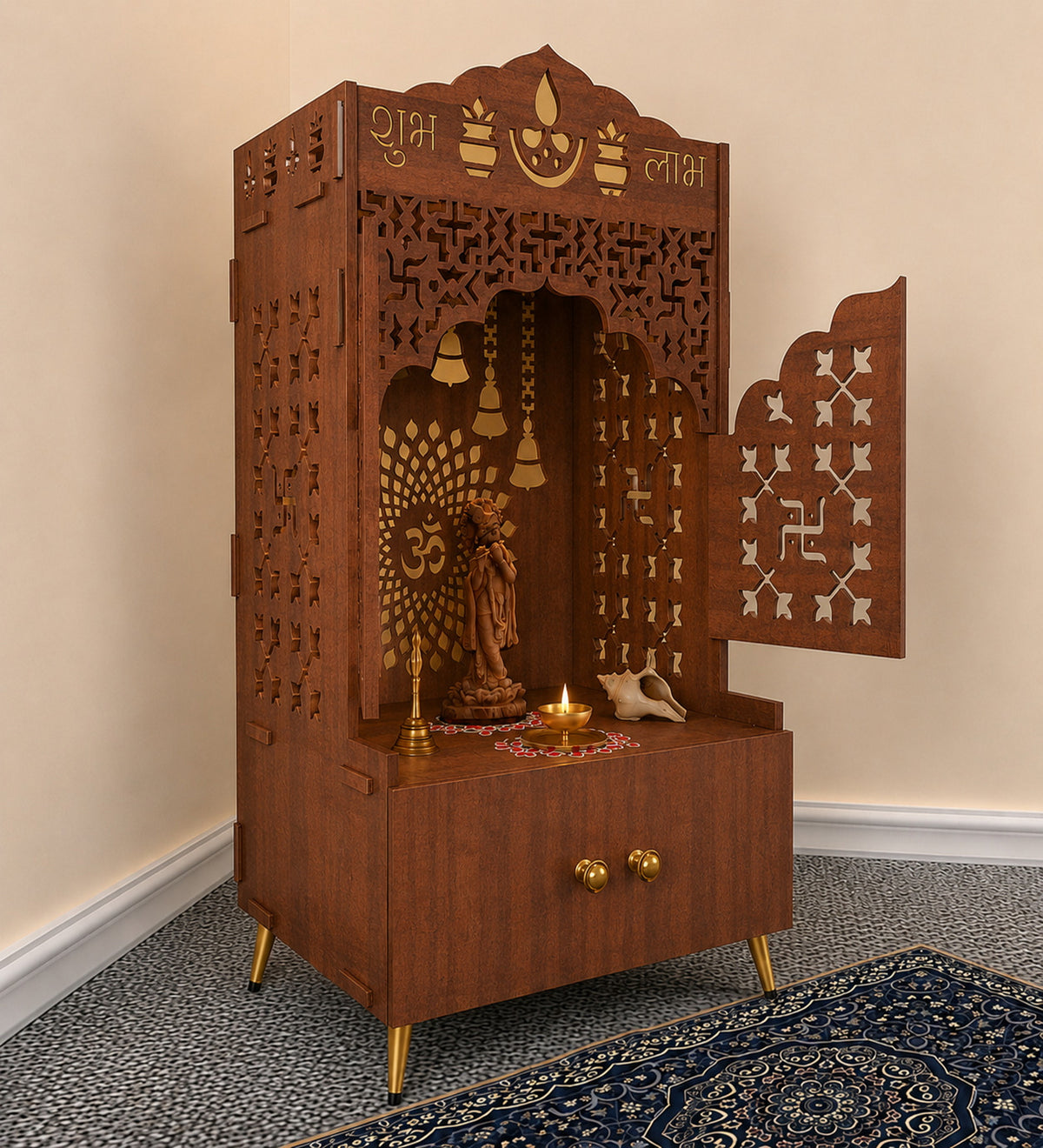 Elegant White Wooden Floor Pooja Mandir with Laser-Cut Doors Shubh Labh Design & Storage Cabinet