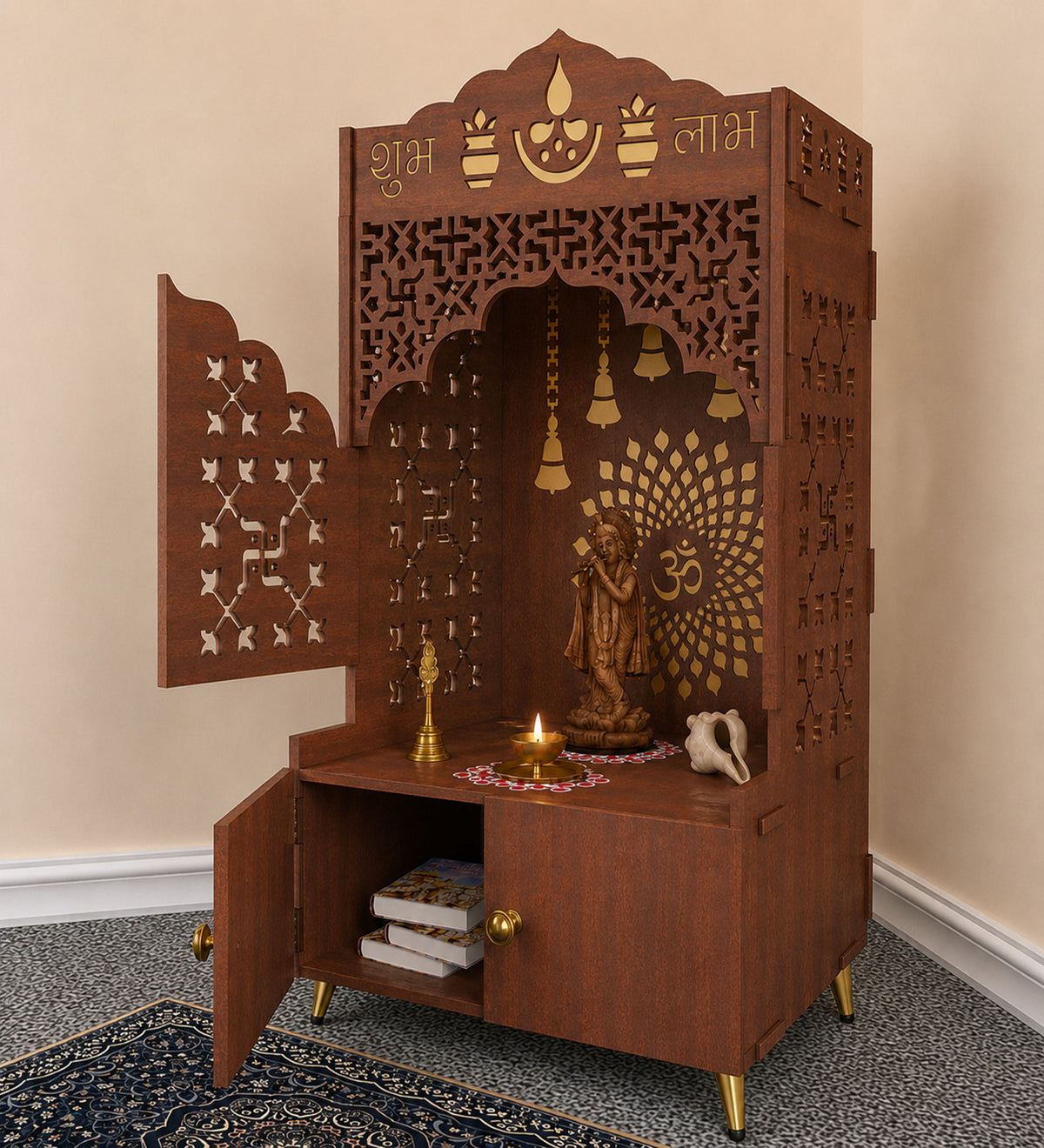 Elegant White Wooden Floor Pooja Mandir with Laser-Cut Doors Shubh Labh Design & Storage Cabinet