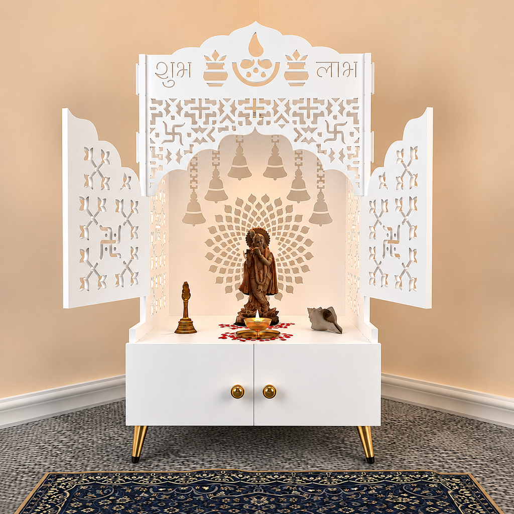 Elegant White Wooden Floor Pooja Mandir with Laser-Cut Doors Shubh Labh Design & Storage Cabinet