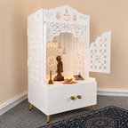 Elegant White Wooden Floor Pooja Mandir with Laser-Cut Doors Shubh Labh Design & Storage Cabinet