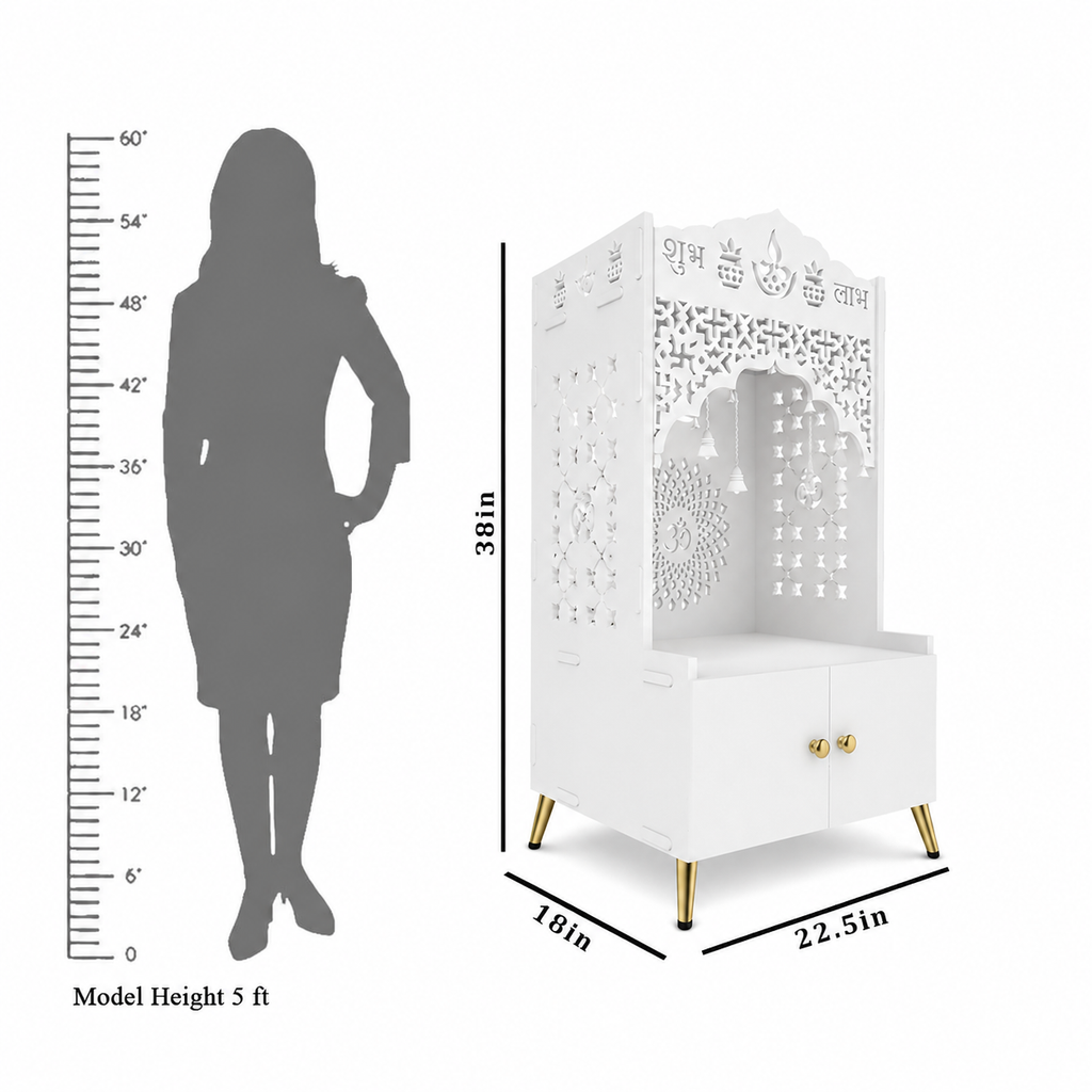 Elegant White Wooden Floor Pooja Mandir with Laser-Cut Doors Shubh Labh Design & Storage Cabinet