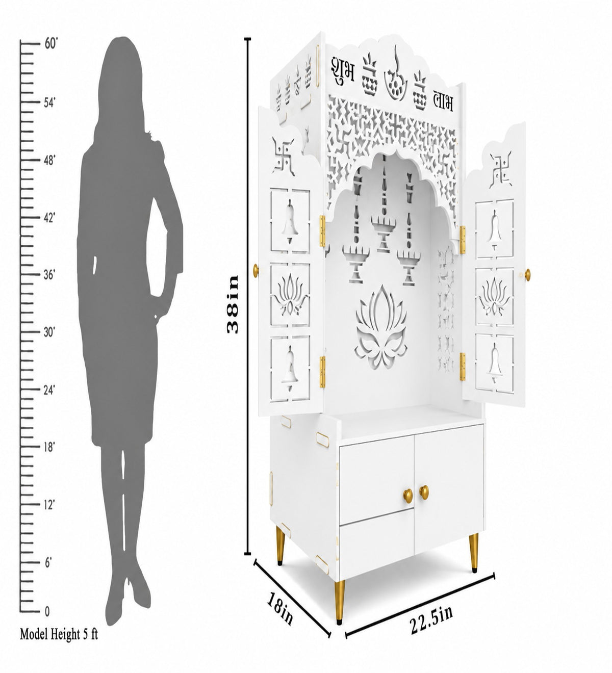 White Wooden Floor Pooja Mandir with Laser-Cut Lotus & Bell Doors Shubh Labh Design Hanging Diya Motifs & Storage Cabinet