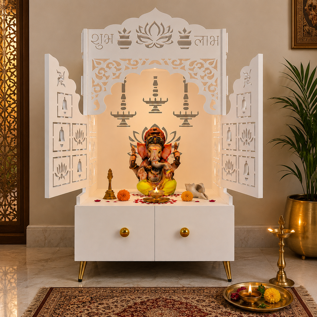White Wooden Floor Pooja Mandir with Laser-Cut Lotus & Bell Doors Shubh Labh Design Hanging Diya Motifs & Storage Cabinet