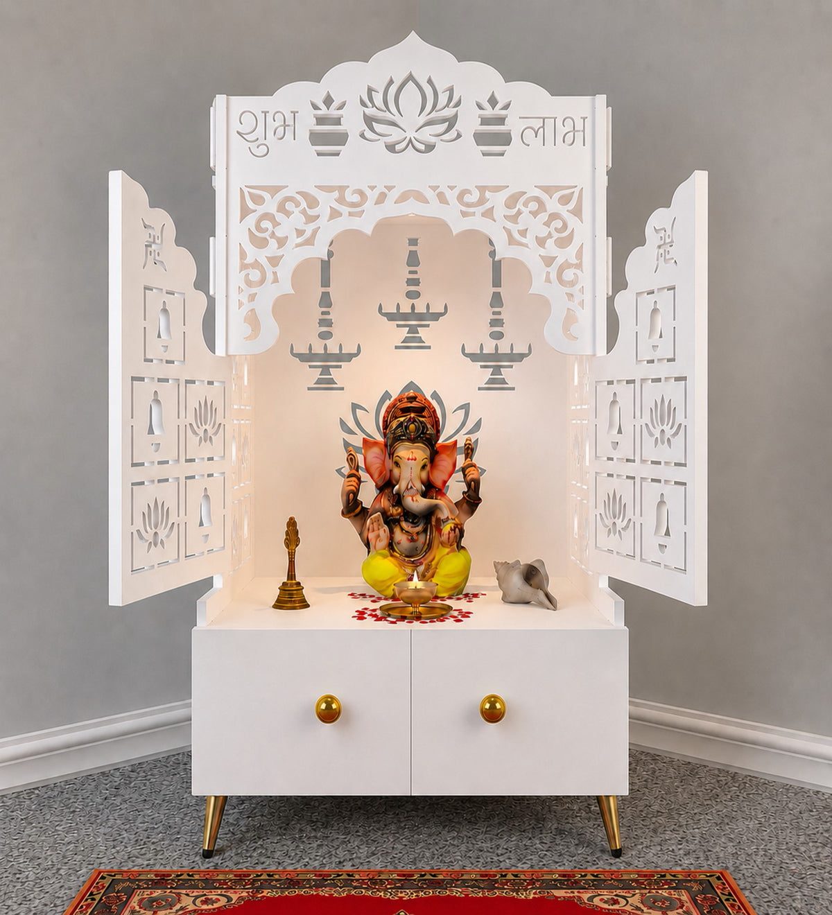 White Wooden Floor Pooja Mandir with Laser-Cut Lotus & Bell Doors Shubh Labh Design Hanging Diya Motifs & Storage Cabinet