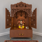 White Wooden Floor Pooja Mandir with Laser-Cut Lotus & Bell Doors Shubh Labh Design Hanging Diya Motifs & Storage Cabinet