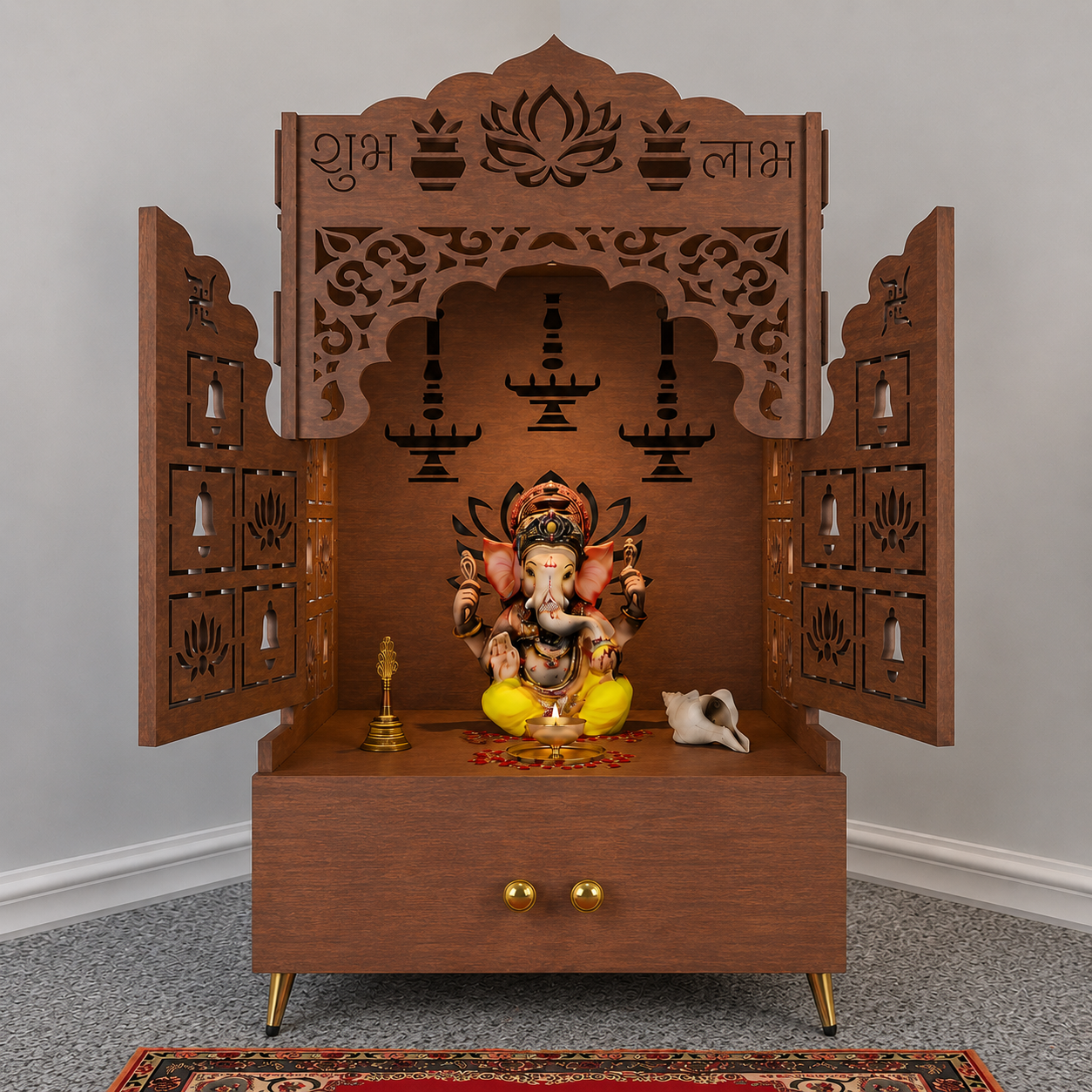 White Wooden Floor Pooja Mandir with Laser-Cut Lotus & Bell Doors Shubh Labh Design Hanging Diya Motifs & Storage Cabinet