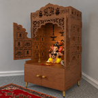 White Wooden Floor Pooja Mandir with Laser-Cut Lotus & Bell Doors Shubh Labh Design Hanging Diya Motifs & Storage Cabinet