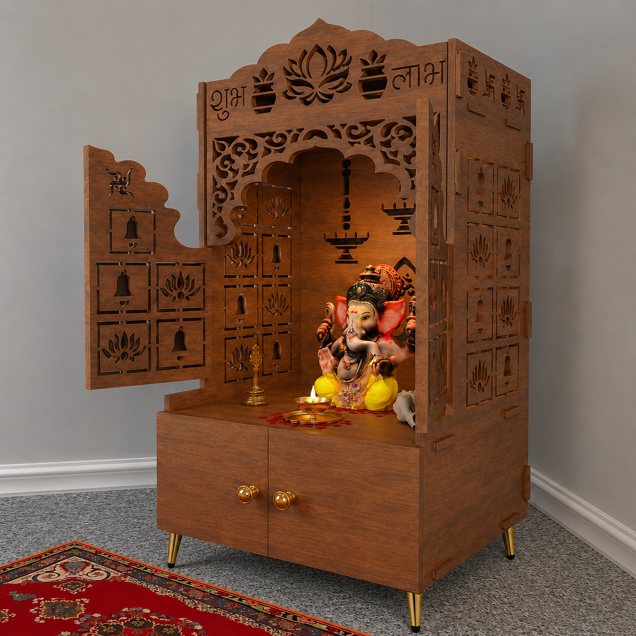 White Wooden Floor Pooja Mandir with Laser-Cut Lotus & Bell Doors Shubh Labh Design Hanging Diya Motifs & Storage Cabinet
