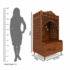 White Wooden Floor Pooja Mandir with Laser-Cut Lotus & Bell Doors Shubh Labh Design Hanging Diya Motifs & Storage Cabinet