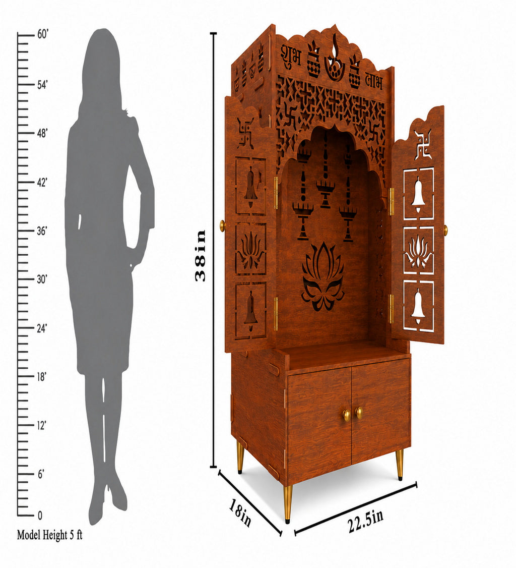 White Wooden Floor Pooja Mandir with Laser-Cut Lotus & Bell Doors Shubh Labh Design Hanging Diya Motifs & Storage Cabinet