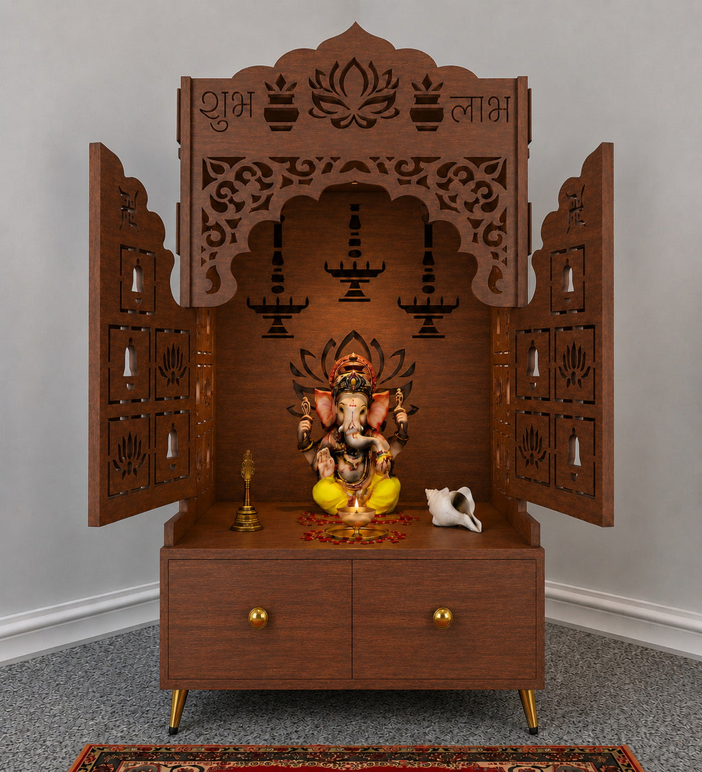 White Wooden Floor Pooja Mandir with Laser-Cut Lotus & Bell Doors Shubh Labh Design Hanging Diya Motifs & Storage Cabinet
