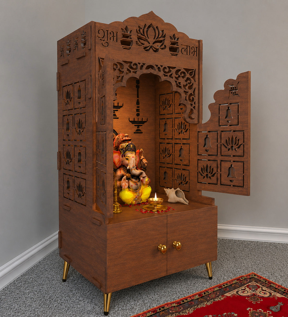 White Wooden Floor Pooja Mandir with Laser-Cut Lotus & Bell Doors Shubh Labh Design Hanging Diya Motifs & Storage Cabinet