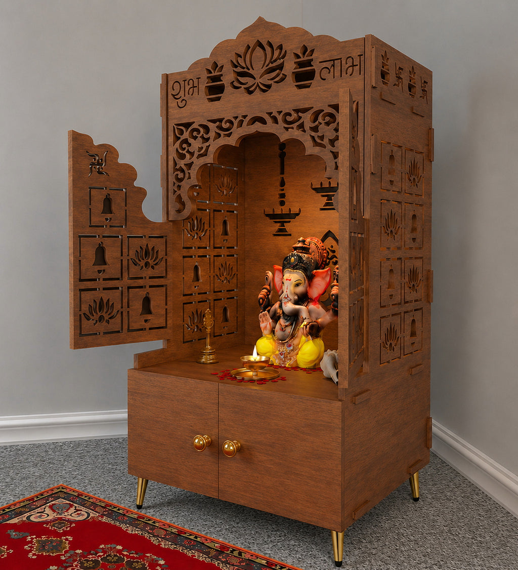 White Wooden Floor Pooja Mandir with Laser-Cut Lotus & Bell Doors Shubh Labh Design Hanging Diya Motifs & Storage Cabinet