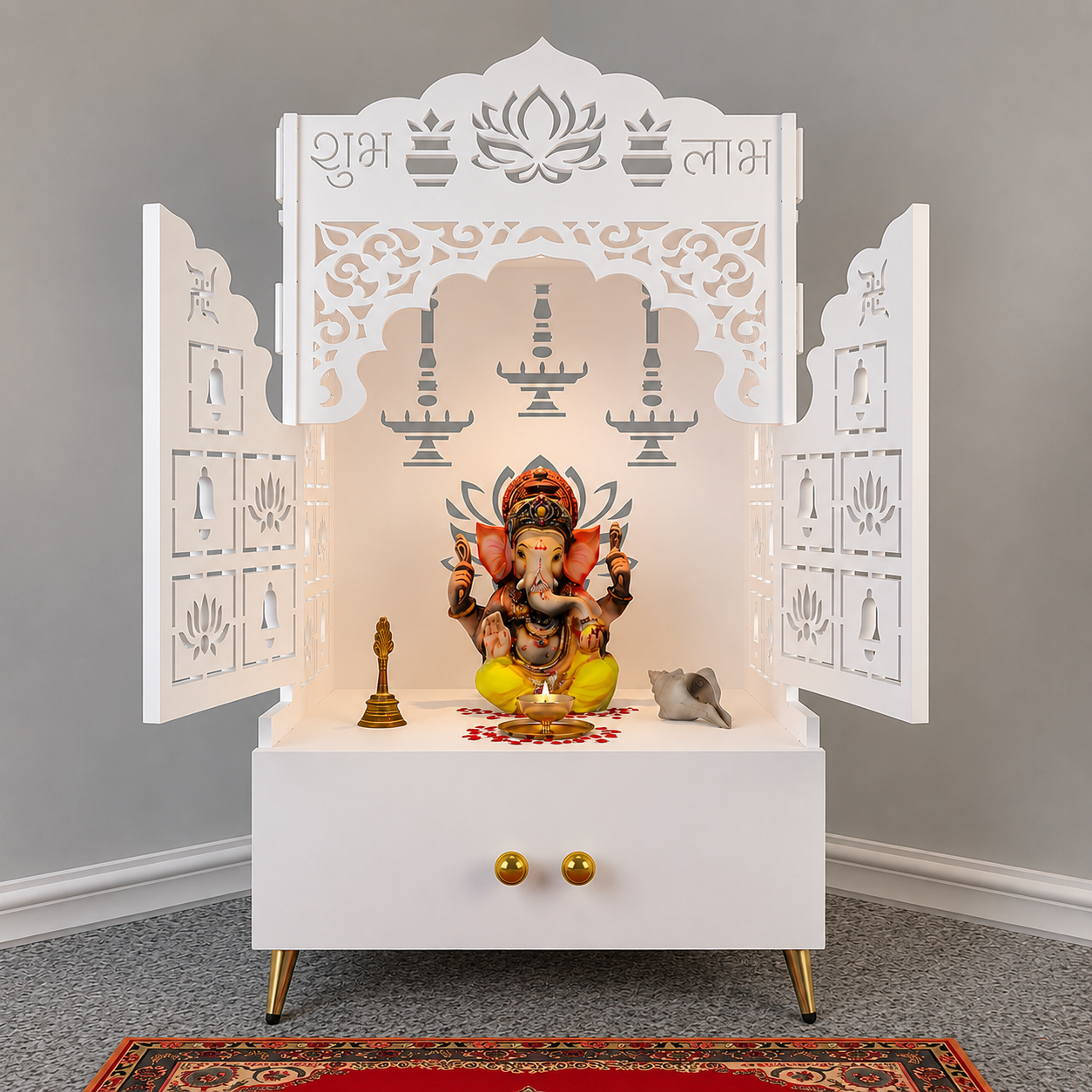 White Wooden Floor Pooja Mandir with Laser-Cut Lotus & Bell Doors Shubh Labh Design Hanging Diya Motifs & Storage Cabinet