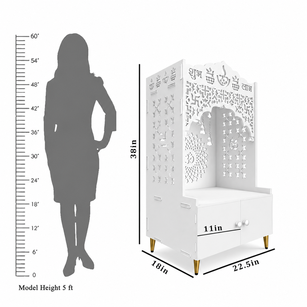 White Wooden Floor Pooja Mandir with Laser-Cut Lotus & Bell Doors Shubh Labh Design Hanging Diya Motifs & Storage Cabinet