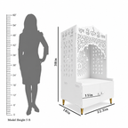 White Wooden Floor Pooja Mandir with Laser-Cut Lotus & Bell Doors Shubh Labh Design Hanging Diya Motifs & Storage Cabinet