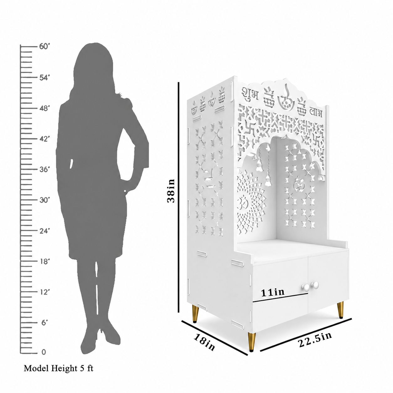 White Wooden Floor Pooja Mandir with Laser-Cut Lotus & Bell Doors Shubh Labh Design Hanging Diya Motifs & Storage Cabinet