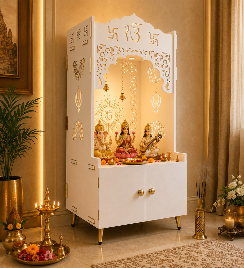 Brown Wooden Floor Pooja Mandir with Ik Onkar & Swastik Design Laser-Cut Bell Motifs Storage Cabinet & Ornate Arch
