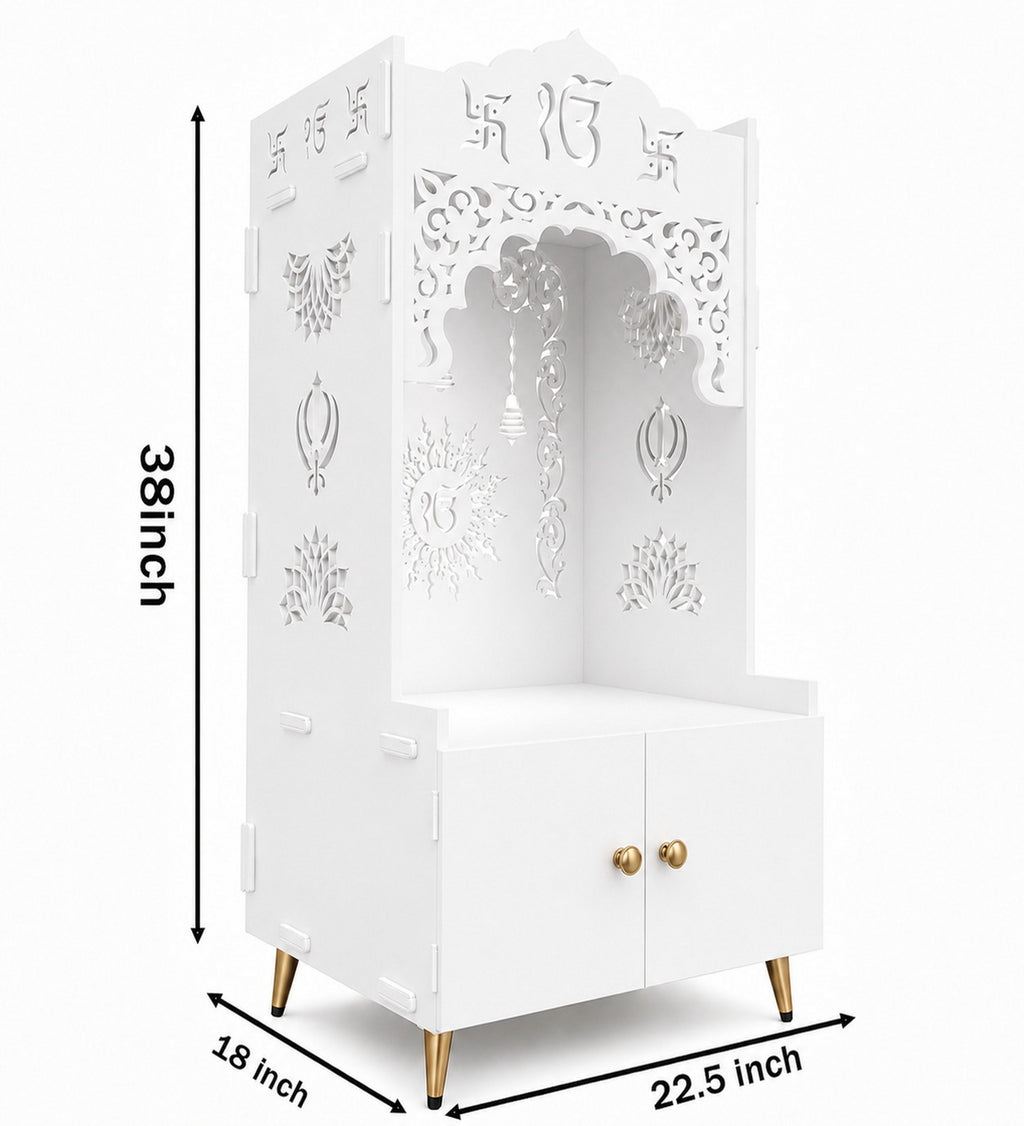 Brown Wooden Floor Pooja Mandir with Ik Onkar & Swastik Design Laser-Cut Bell Motifs Storage Cabinet & Ornate Arch