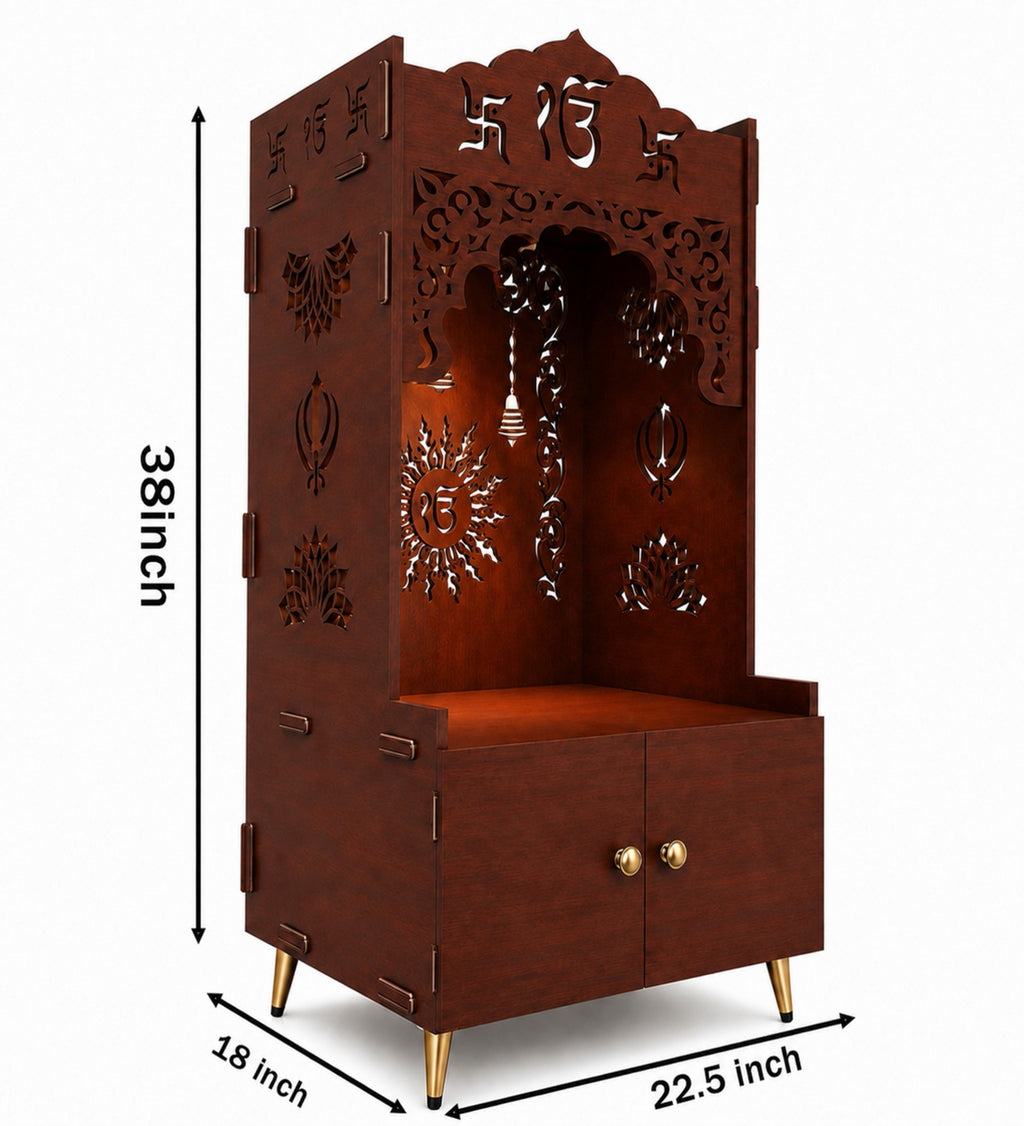 Brown Wooden Floor Pooja Mandir with Ik Onkar & Swastik Design Laser-Cut Bell Motifs Storage Cabinet & Ornate Arch