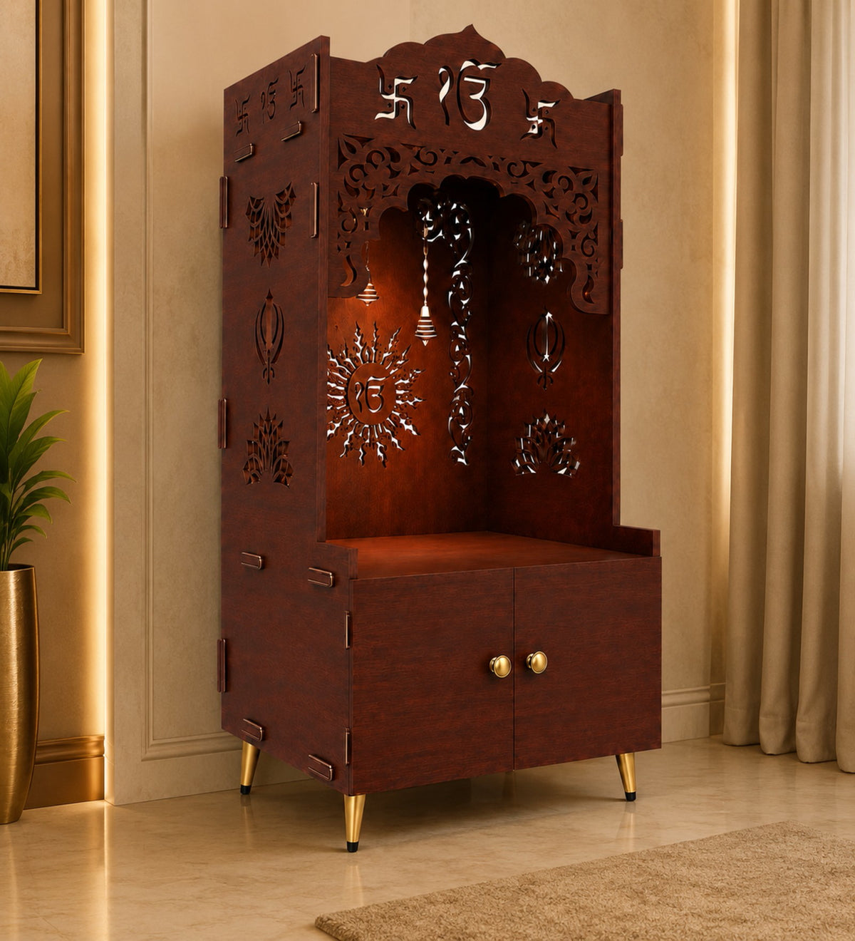 Brown Wooden Floor Pooja Mandir with Ik Onkar & Swastik Design Laser-Cut Bell Motifs Storage Cabinet & Ornate Arch