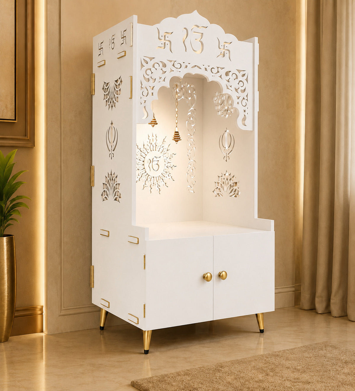 Brown Wooden Floor Pooja Mandir with Ik Onkar & Swastik Design Laser-Cut Bell Motifs Storage Cabinet & Ornate Arch