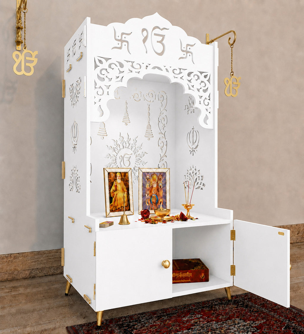 Brown Wooden Floor Pooja Mandir with Ik Onkar & Swastik Design Laser-Cut Bell Motifs Storage Cabinet & Ornate Arch