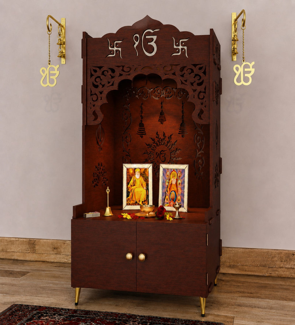 Brown Wooden Floor Pooja Mandir with Ik Onkar & Swastik Design Laser-Cut Bell Motifs Storage Cabinet & Ornate Arch