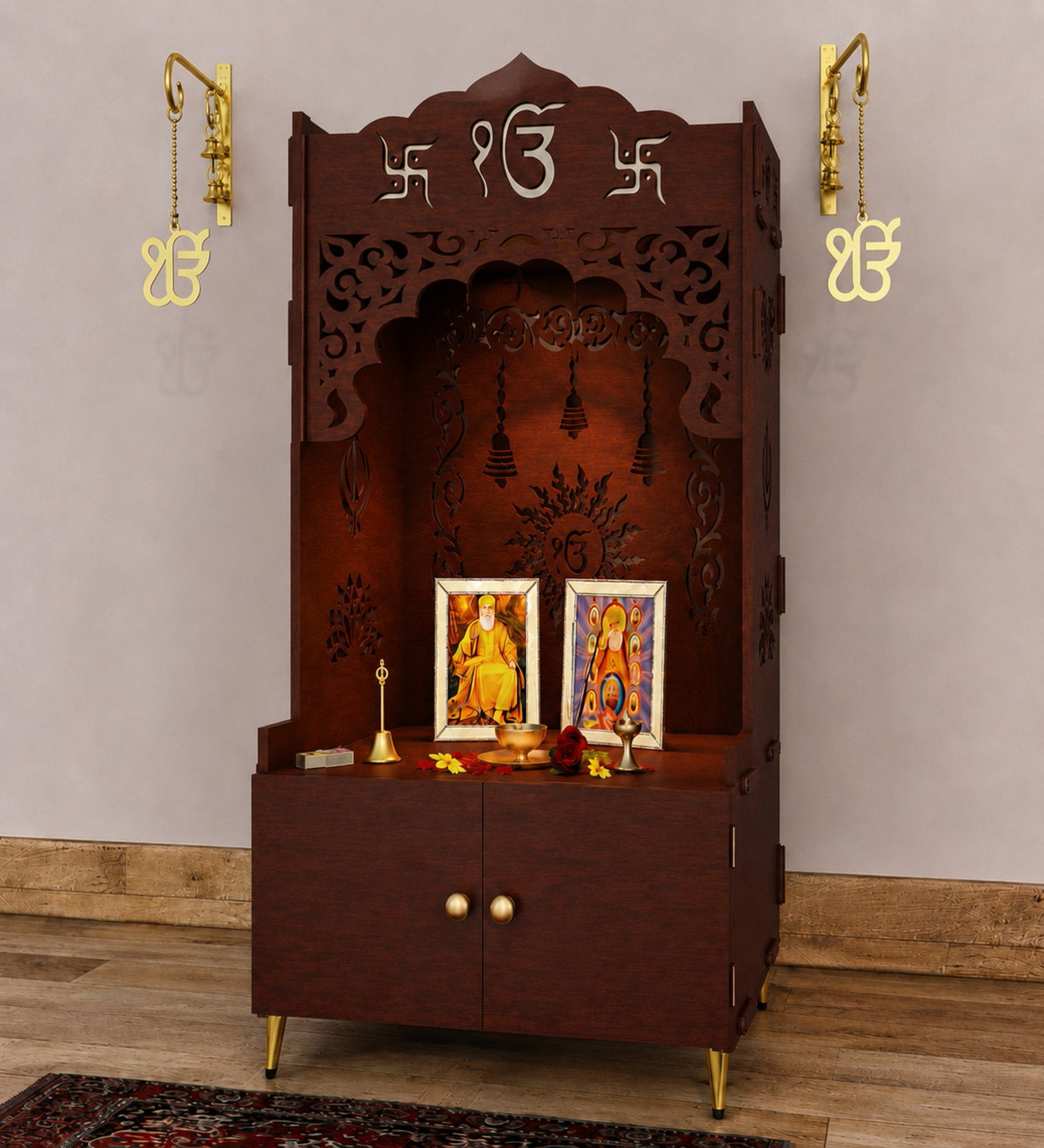 Brown Wooden Floor Pooja Mandir with Ik Onkar & Swastik Design Laser-Cut Bell Motifs Storage Cabinet & Ornate Arch