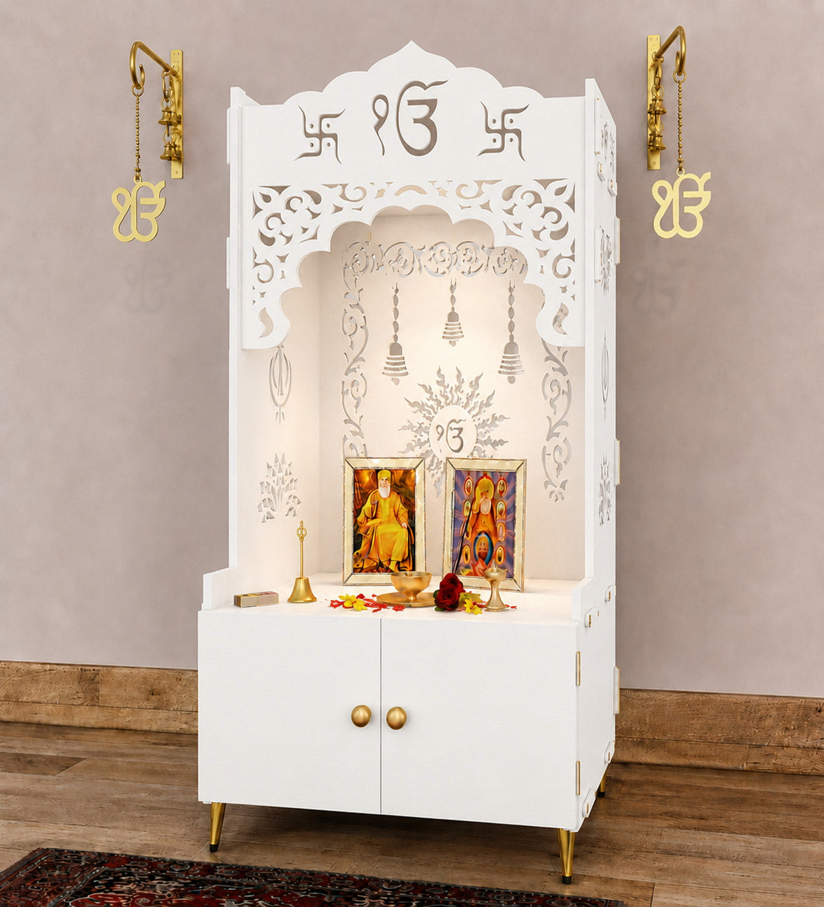 Brown Wooden Floor Pooja Mandir with Ik Onkar & Swastik Design Laser-Cut Bell Motifs Storage Cabinet & Ornate Arch