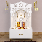 Brown Wooden Floor Pooja Mandir with Ik Onkar & Swastik Design Laser-Cut Bell Motifs Storage Cabinet & Ornate Arch