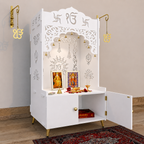Brown Wooden Floor Pooja Mandir with Ik Onkar & Swastik Design Laser-Cut Bell Motifs Storage Cabinet & Ornate Arch