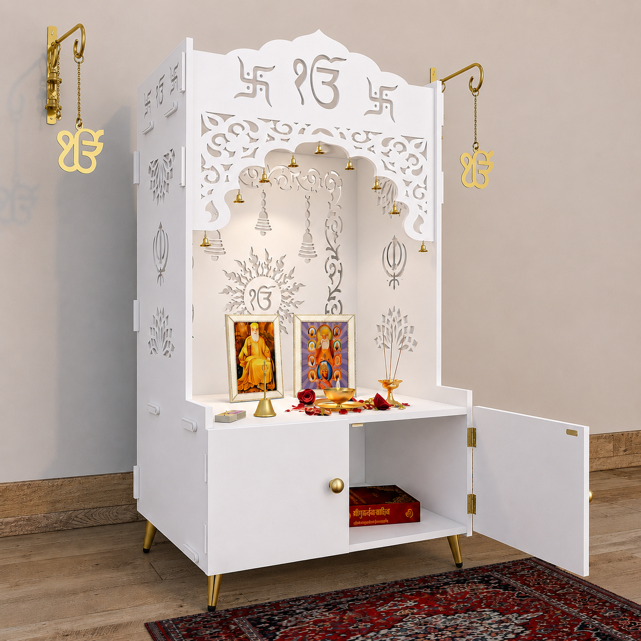 Brown Wooden Floor Pooja Mandir with Ik Onkar & Swastik Design Laser-Cut Bell Motifs Storage Cabinet & Ornate Arch