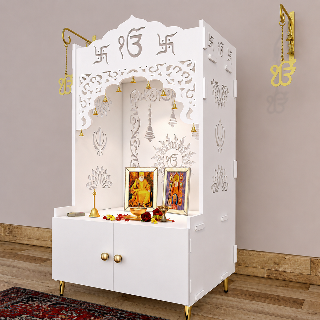 Brown Wooden Floor Pooja Mandir with Ik Onkar & Swastik Design Laser-Cut Bell Motifs Storage Cabinet & Ornate Arch