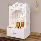 Brown Wooden Floor Pooja Mandir with Ik Onkar & Swastik Design Laser-Cut Bell Motifs Storage Cabinet & Ornate Arch