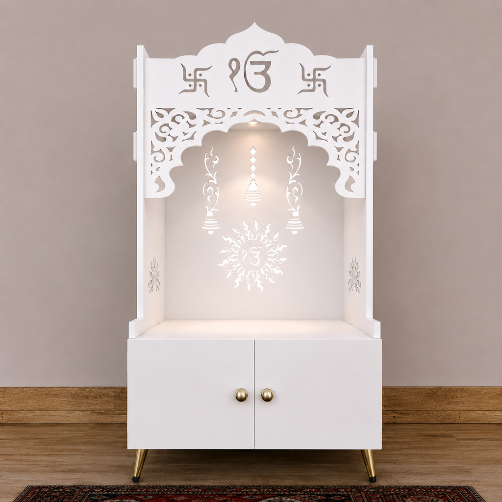 Brown Wooden Floor Pooja Mandir with Ik Onkar & Swastik Design Laser-Cut Bell Motifs Storage Cabinet & Ornate Arch
