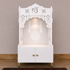 Brown Wooden Floor Pooja Mandir with Ik Onkar & Swastik Design Laser-Cut Bell Motifs Storage Cabinet & Ornate Arch