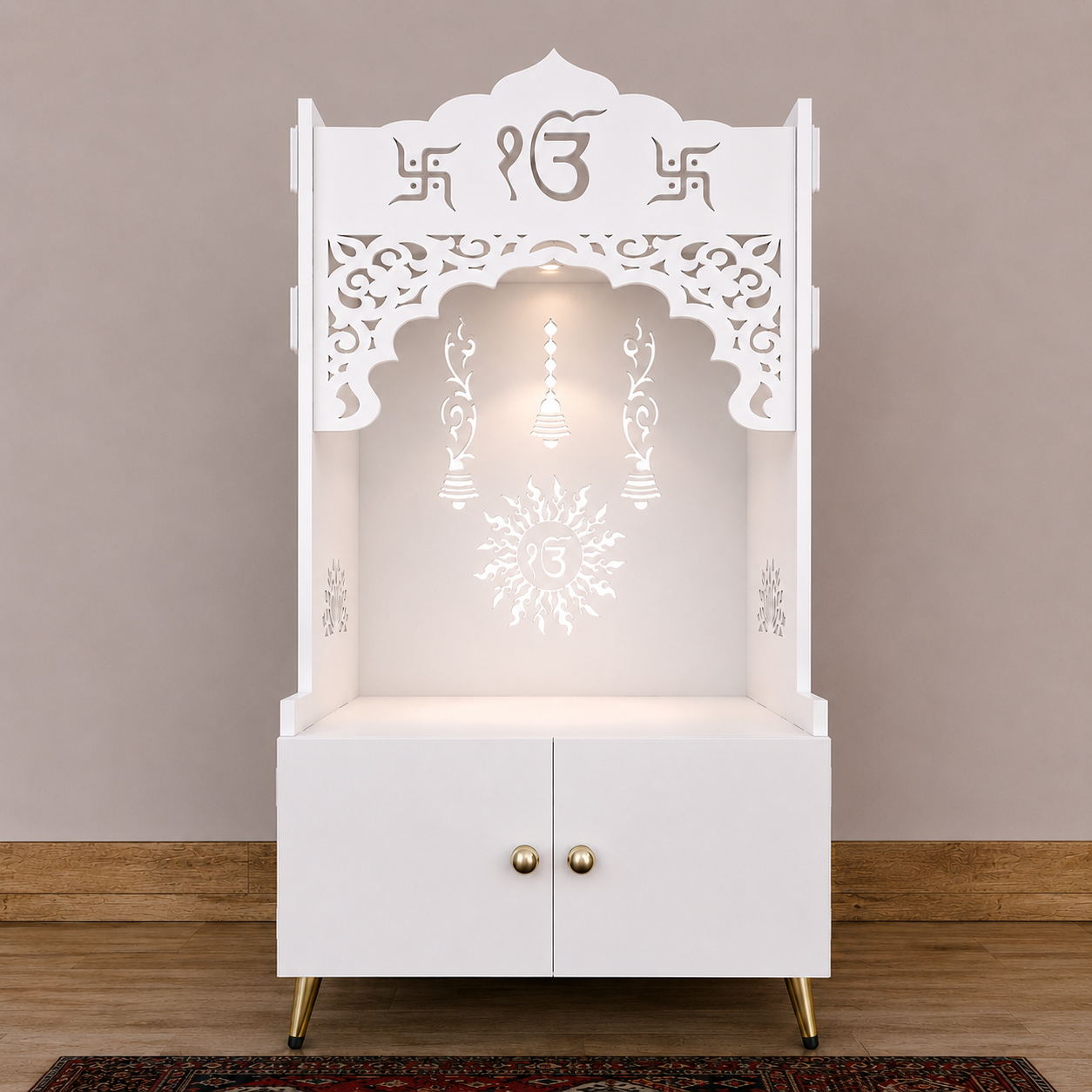 Brown Wooden Floor Pooja Mandir with Ik Onkar & Swastik Design Laser-Cut Bell Motifs Storage Cabinet & Ornate Arch
