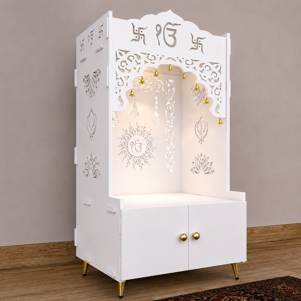 Brown Wooden Floor Pooja Mandir with Ik Onkar & Swastik Design Laser-Cut Bell Motifs Storage Cabinet & Ornate Arch
