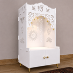 Brown Wooden Floor Pooja Mandir with Ik Onkar & Swastik Design Laser-Cut Bell Motifs Storage Cabinet & Ornate Arch