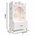 Brown Wooden Floor Pooja Mandir with Ik Onkar & Swastik Design Laser-Cut Bell Motifs Storage Cabinet & Ornate Arch