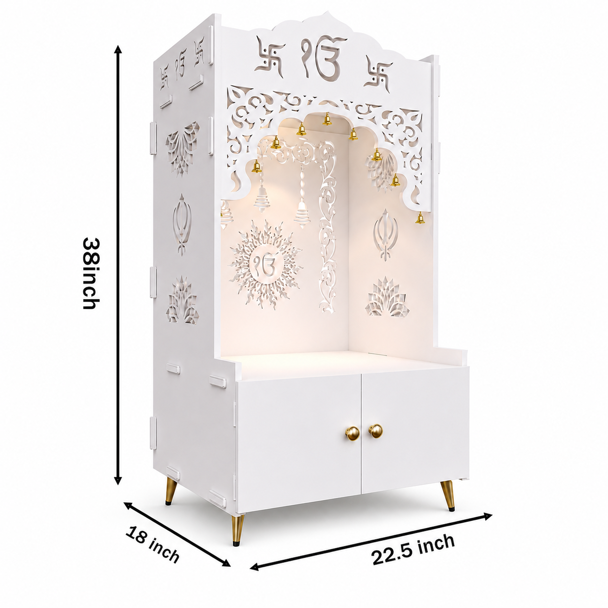 Brown Wooden Floor Pooja Mandir with Ik Onkar & Swastik Design Laser-Cut Bell Motifs Storage Cabinet & Ornate Arch