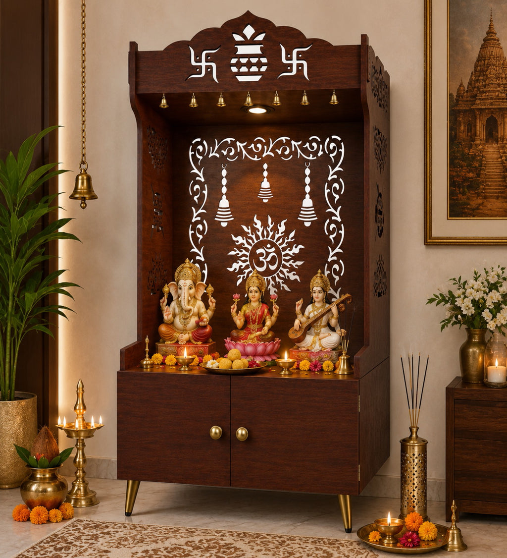 Brown Wooden Floor Pooja Mandir with Kalash & Om Design Laser-Cut Bell Motifs & Storage Cabinet