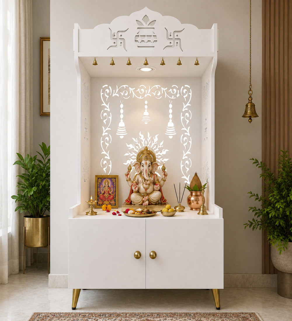 Brown Wooden Floor Pooja Mandir with Kalash & Om Design Laser-Cut Bell Motifs & Storage Cabinet