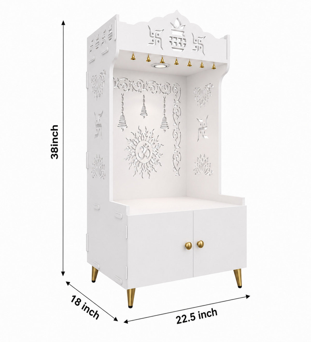 Brown Wooden Floor Pooja Mandir with Kalash & Om Design Laser-Cut Bell Motifs & Storage Cabinet