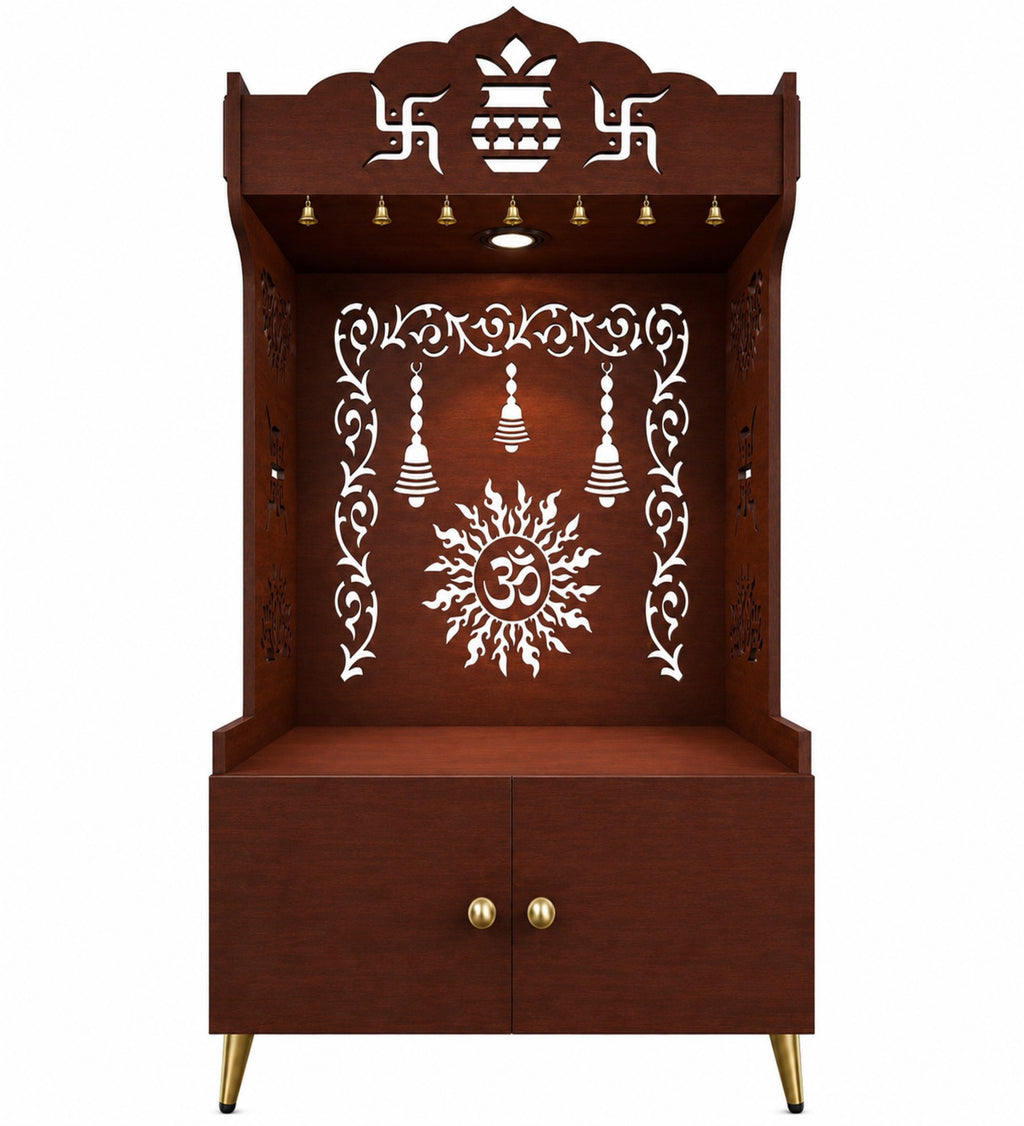 Brown Wooden Floor Pooja Mandir with Kalash & Om Design Laser-Cut Bell Motifs & Storage Cabinet