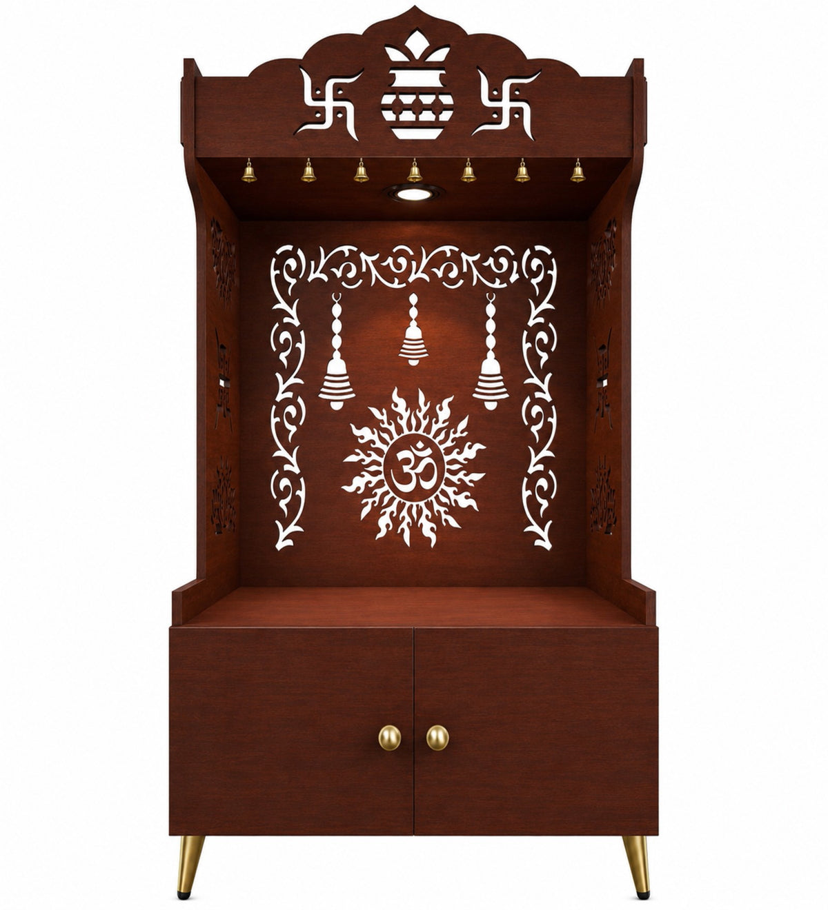 Brown Wooden Floor Pooja Mandir with Kalash & Om Design Laser-Cut Bell Motifs & Storage Cabinet