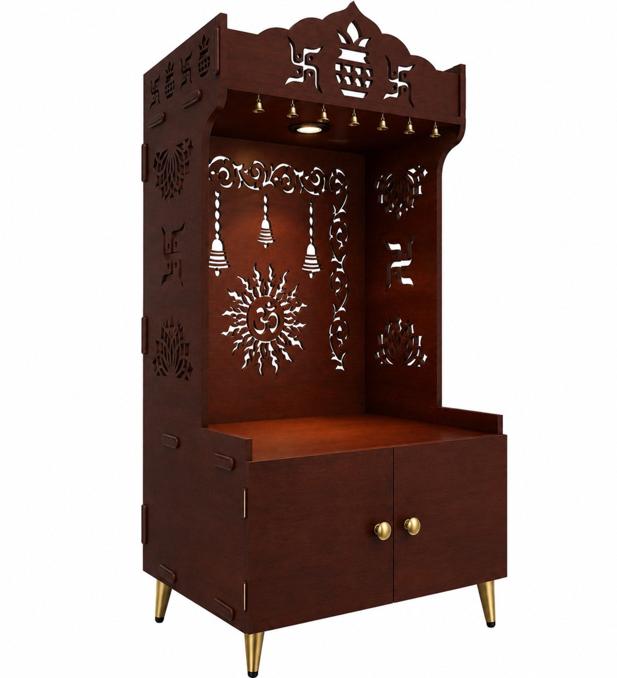Brown Wooden Floor Pooja Mandir with Kalash & Om Design Laser-Cut Bell Motifs & Storage Cabinet